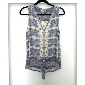 Lucky Brand blue cream sleeveless tie front blouse Small